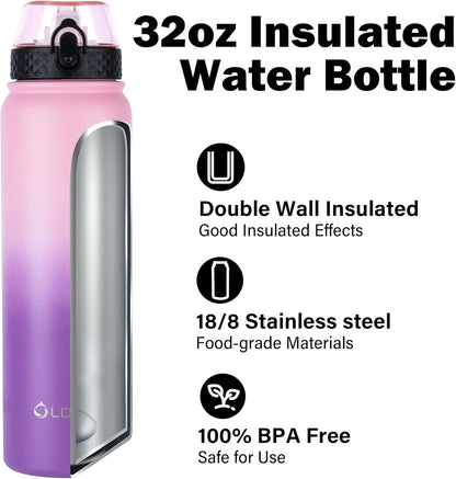 Oldley Insulated Water Bottle 20oz for Adults Kids Stainless Steel Water Bottles with Straw/Chug/Carabiner 3 Lids Fruit Strainer Double Wall Vacuum Wide Mouth BPA Free Leak-Proof for School Travel