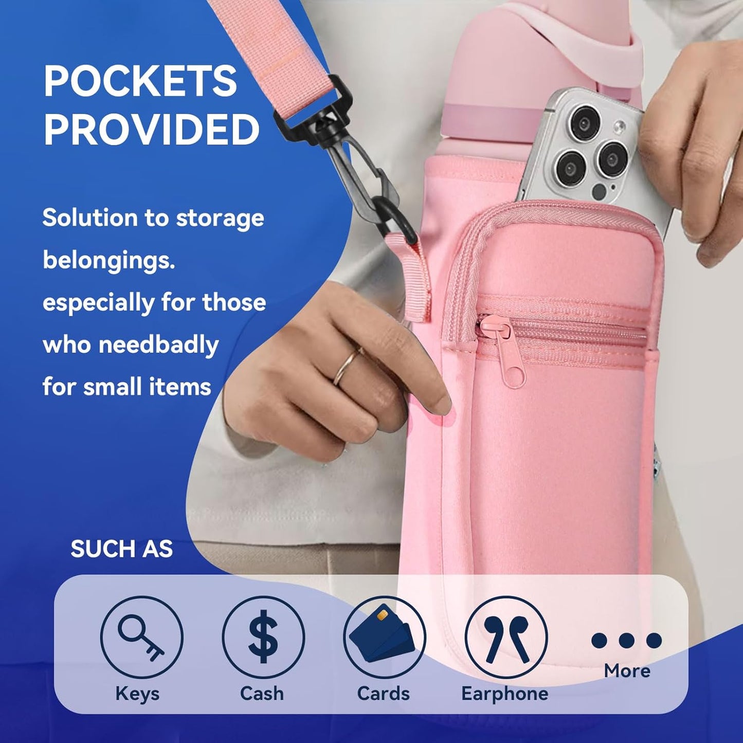 Neoprene Water Bottle Holder Bag with Cell Phone Pocket Compatible with Owala FreeSip 24 oz，Water Bottle Carrying Bag ，with Adjustable Shoulder Strap,for 24oz Stainless Steel Water Bottle