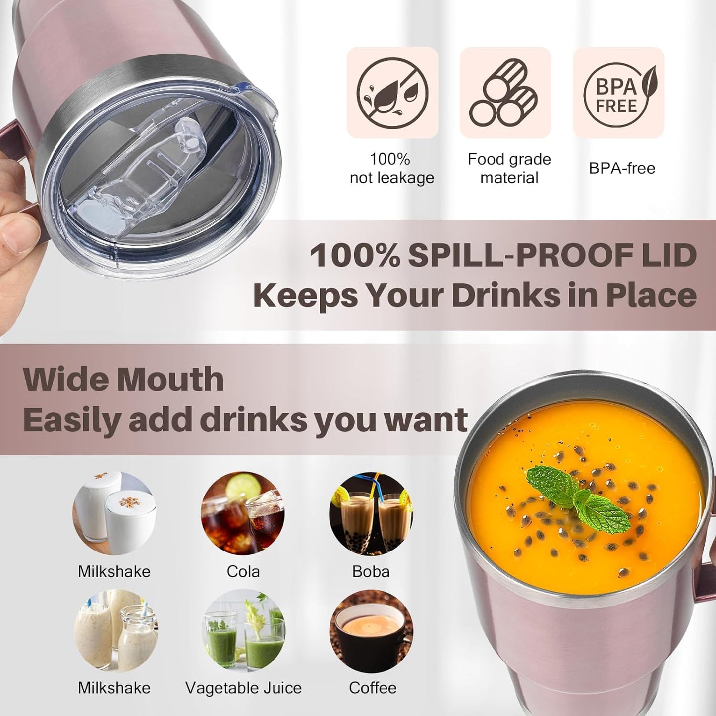 40 oz Tumbler with Handle, Insulated Tumbler with Lid and Straw, Reusable Stainless Steel Vacuum Insulated Cup, 100% Leak Proof Thermal Travel Coffee Mug Cup for Cold and Hot (Light Purple)