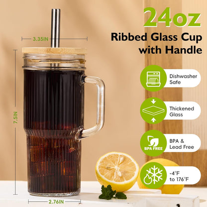 JunVpic Glass Cups with Lids and Straws,24oz Glass Tumbler with Handle Iced Coffee Cup for Coffee,Juice,Tea,Milk,Smoothie,Hot & Cold Drinks (Pink)
