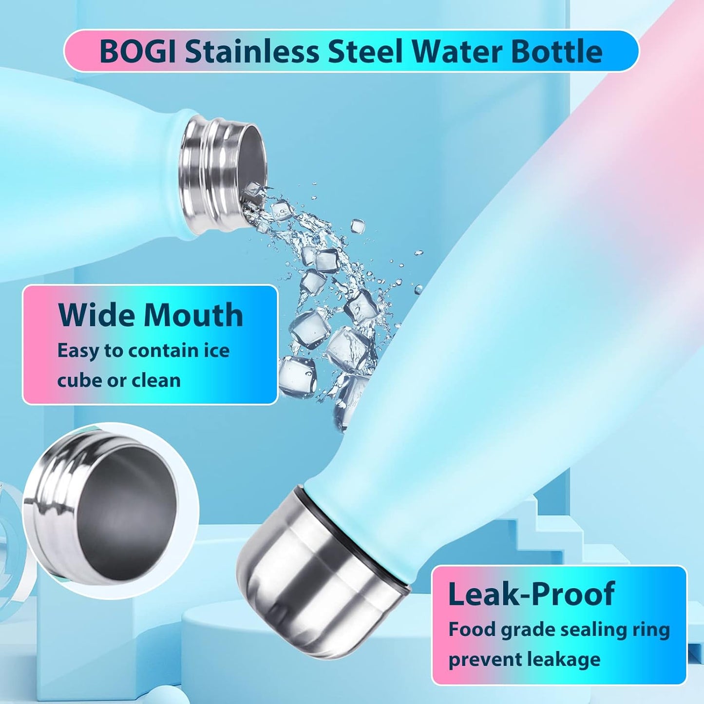 BOGI 17oz Insulated Water Bottle Double Wall Vacuum Stainless Steel Water Bottles, Leak Proof Metal Sports Water Bottle Keeps Drink Hot and Cold - Perfect for Outdoor Sports Camping Biking (Purple)