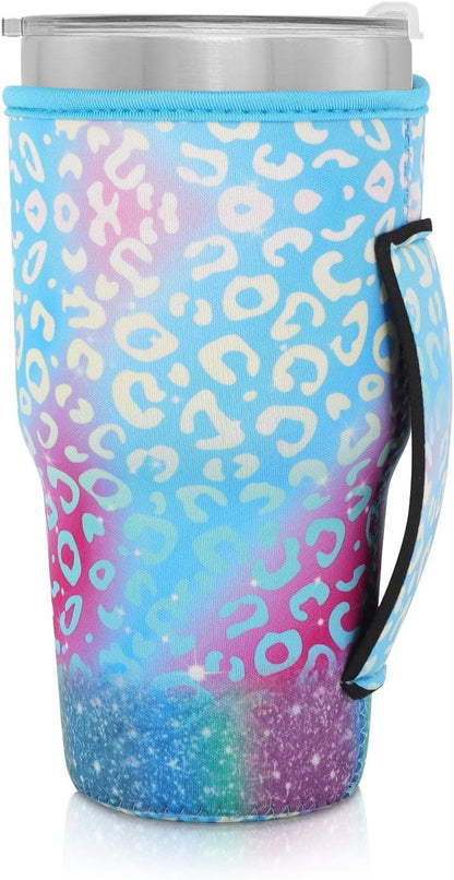 Reusable Iced Coffee Cup Sleeve Neoprene Insulated Sleeves Cup Holder with handle Idea for 30oz - 32oz Tumbler Cups, Protein Shake Bottles(Only Cup Sleeves), Black - Colors B
