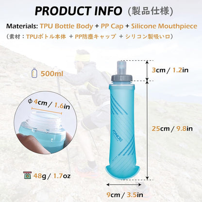TRIWONDER Handheld Water Bottle for Running, Quick Grip Chill 17 oz Handheld Soft Water Bottle with Hand Strap Hydration Pack, BPA Sport Soft Flask (Blue)