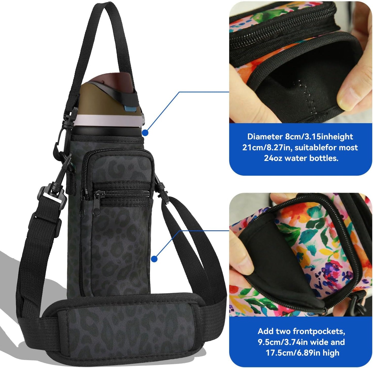 Neoprene Water Bottle Holder Bag with Cell Phone Pocket Compatible with Owala FreeSip 24 oz，Water Bottle Carrying Bag ，with Adjustable Shoulder Strap,for 24oz Stainless Steel Water Bottle