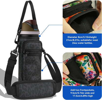 Neoprene Water Bottle Holder Bag with Cell Phone Pocket Compatible with Owala FreeSip 24 oz，Water Bottle Carrying Bag ，with Adjustable Shoulder Strap,for 24oz Stainless Steel Water Bottle