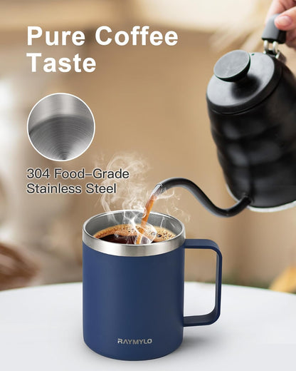 RAYMYLO Insulated Coffee Mug 12 oz, Double Wall Stainless Steel Coffee Mug with Lids, Leak-Proof & Detachable Slider Lid for Thorough Clean, Keeps Coffee Cold for 9 Hrs, Suitable for Camp Home Office