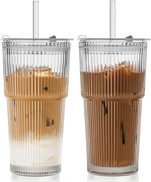 TUZAZO 20 Oz Ribbed Glass Tumblers with Lids and Straws - 4 Pack Reusable Glass Coffee Cups with Straws and Lids, Thicken Glass, Ideal for To Go Iced Coffee