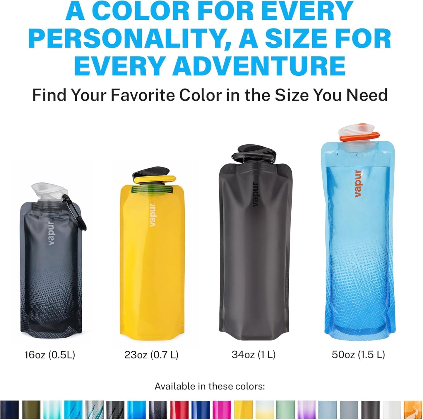 Vapur Collapsible Water Bottle with Carabiner - 34oz (1L), Night Blue - Flexible and Lightweight Water Bottle for Travel, Concert, Hiking, and Outdoor Adventures - BPA-Free, Dishwasher-Safe, Freezable