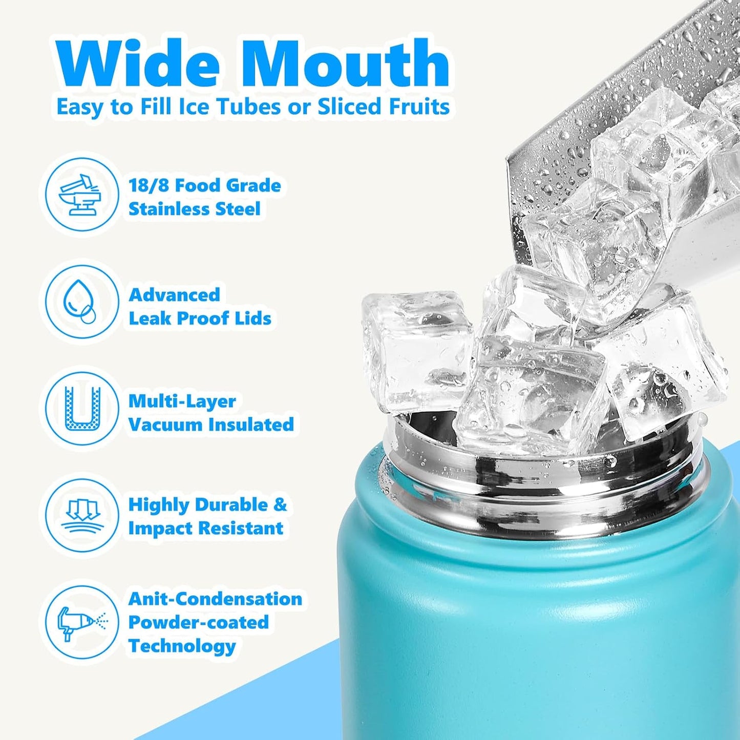 Insulated Water Bottle with Lid & Boot & Stickers, 24 oz Stainless Steel Sweat Free Bottle Keep Cold 24H, BPA-Free Sports Wide Mouth Water Bottle, BlueBlack