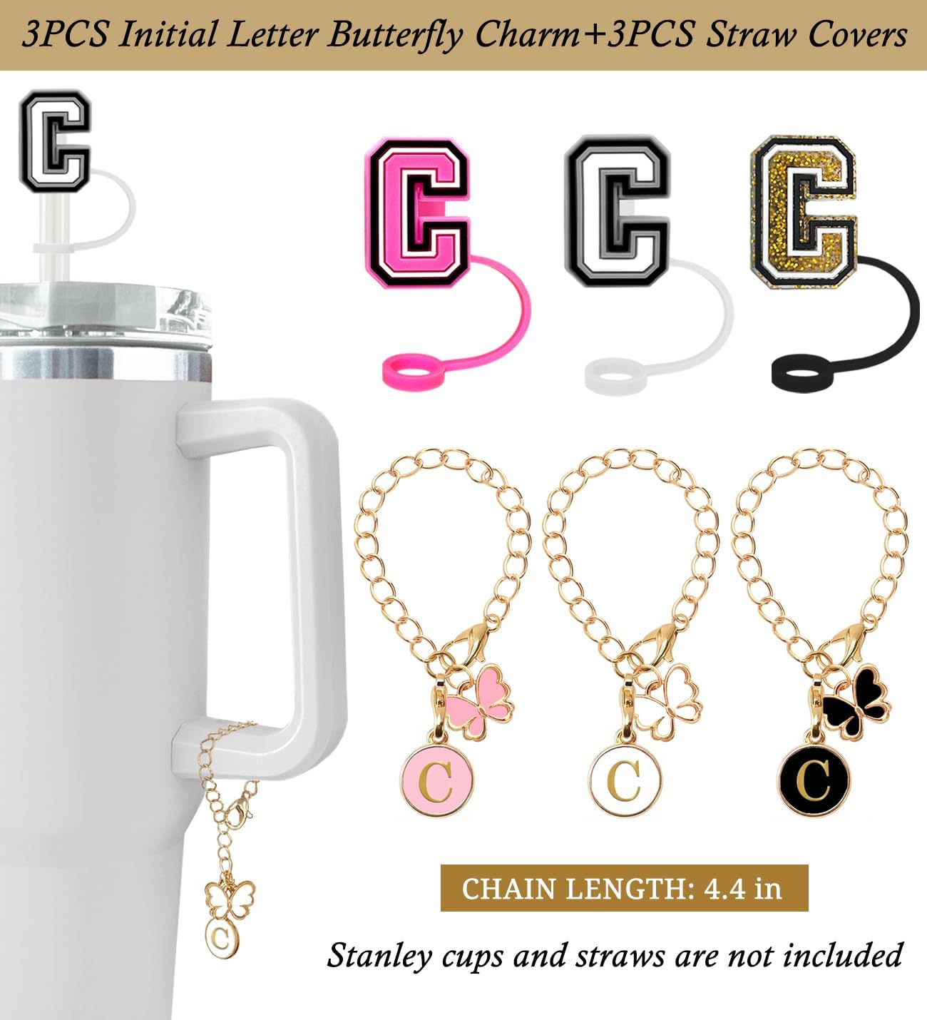（3 +3) 3PCS Nuozme Straw Cover 10mm For Stanley Tumbler Cup Reusable Straw Cap Topper with 3 Initial Letter Charms Accessories Name ID Personalized Handle Charm For Stanley 30&40 Oz Cup Tumbler - Colors B