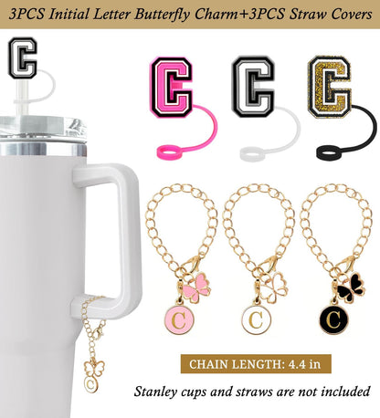 （3 +3) 3PCS Nuozme Straw Cover 10mm For Stanley Tumbler Cup Reusable Straw Cap Topper with 3 Initial Letter Charms Accessories Name ID Personalized Handle Charm For Stanley 30&40 Oz Cup Tumbler - Colors B
