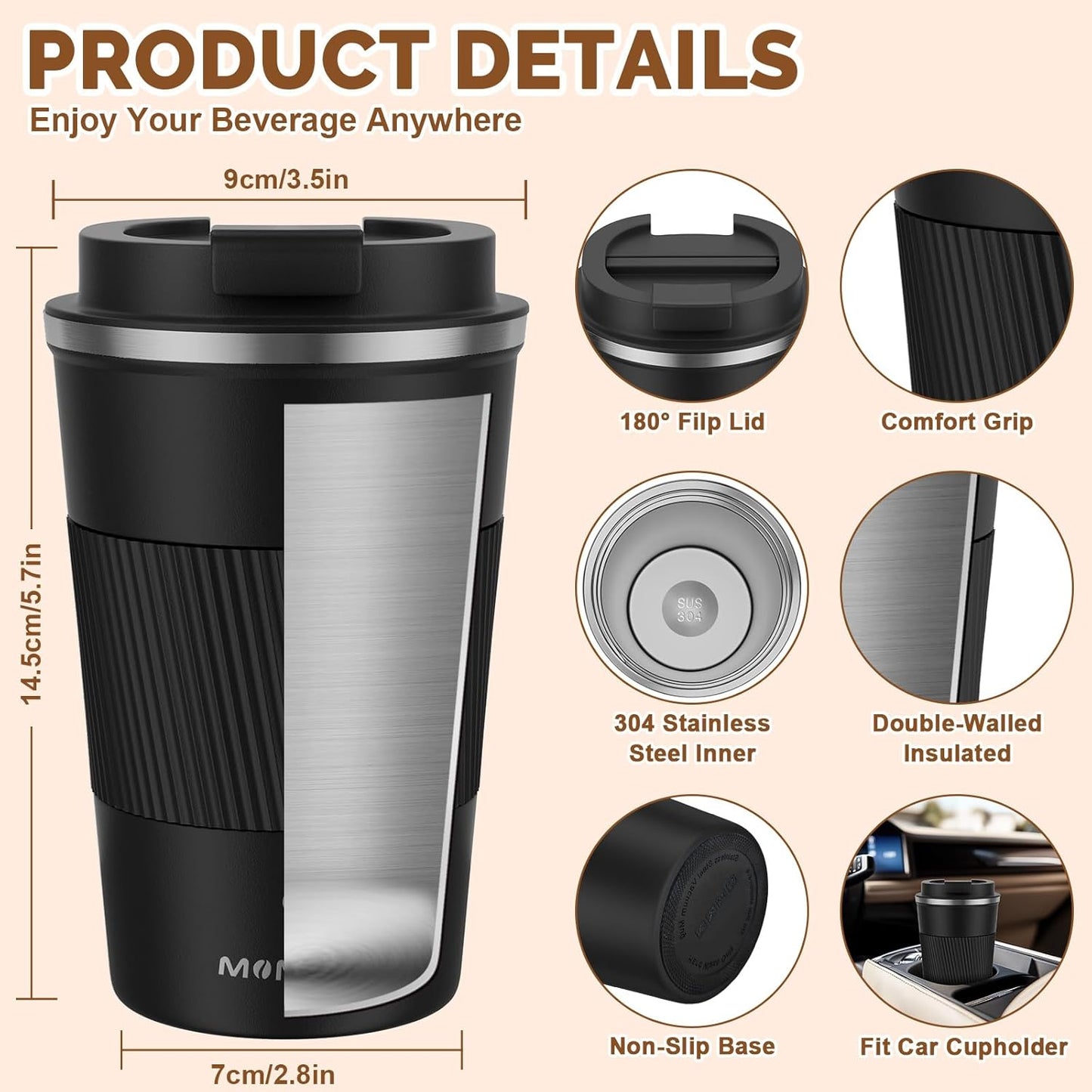 MOMSIV 12oz Travel Mug, Insulated Coffee Cup with Leakproof Lid, Travel Coffee Mug Vacuum Stainless Steel Double Walled Reusable Coffee Cup for Hot and Cold Water Coffee