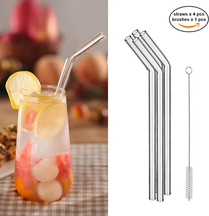 Reusable Glass Straws Shatter Resistant Clear, Skinny Glass Straw Bent Thin for 16 oz Cups Tumblers 9 inch 8mm