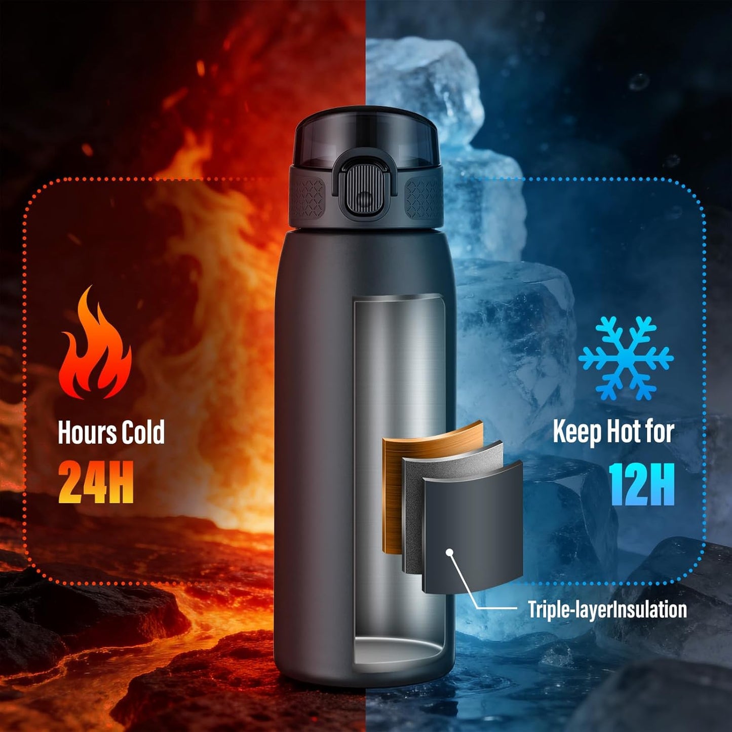 Insulated Water Bottle 24 oz with Dustproof Lid, Carry Handle & Tea Infuser, BPA-Free & Leakproof, Stainless Steel Water Bottles Ideal for Fitness, Hiking, Office & Outdoor Use (Black)