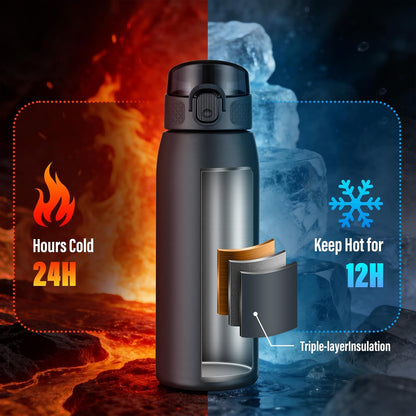 Insulated Water Bottle 24 oz with Dustproof Lid, Carry Handle & Tea Infuser, BPA-Free & Leakproof, Stainless Steel Water Bottles Ideal for Fitness, Hiking, Office & Outdoor Use (Black)