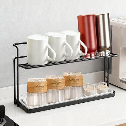 Water Bottle Drying Rack Cup Storage with Drain Tray Mug Organizer for Kitchen - 2 Tiers (Black)
