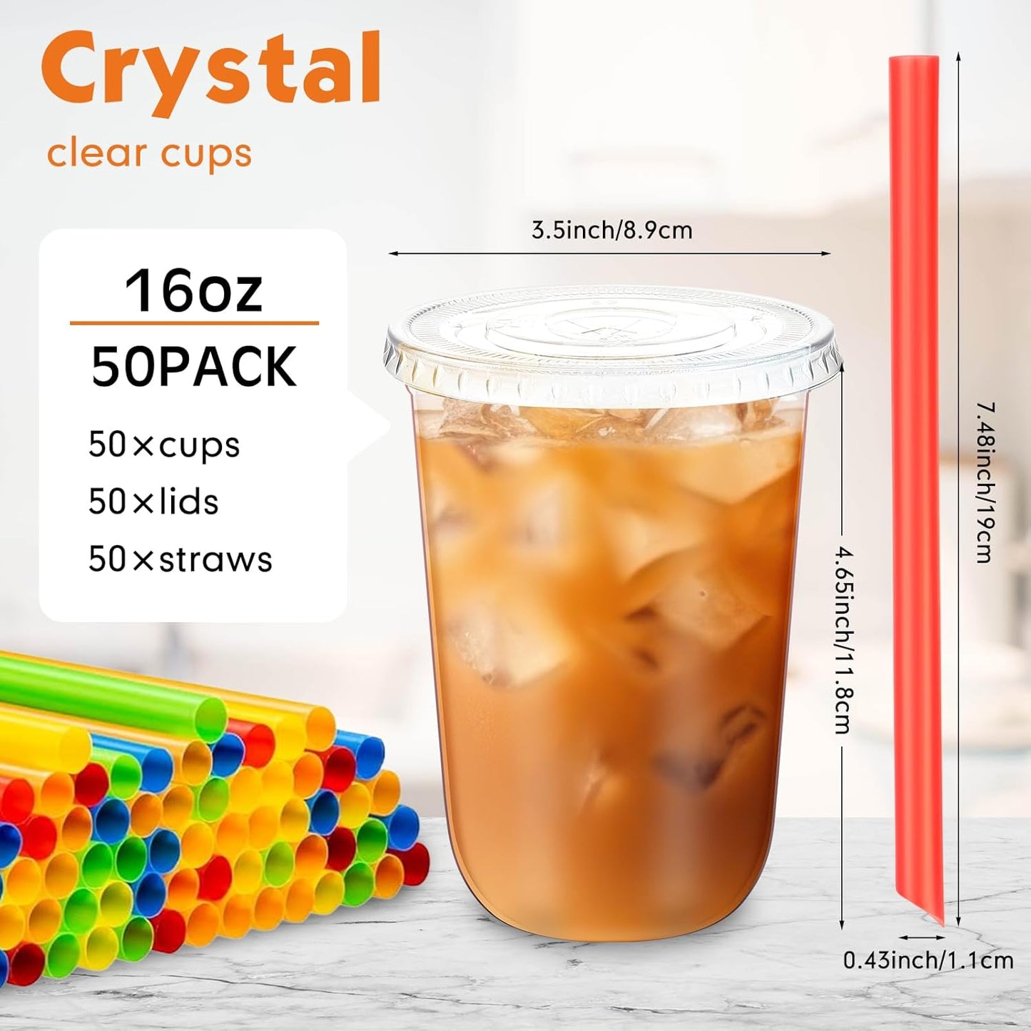 Ziliny 50 Sets 12 oz Clear Cups with Lids and Jumbo Smoothie Straws Disposable Plastic Cups for Smoothies, Bubble Milk Tea, Milkshakes, Cold Drinks (Multicolor)