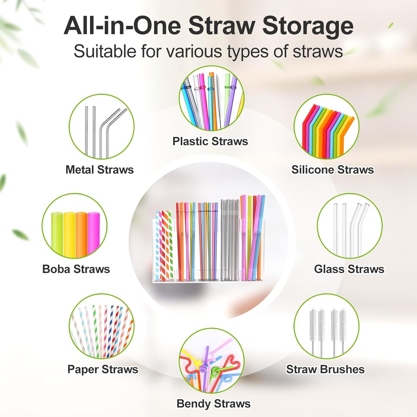 9.5” Large Acrylic Straw Holder for Cabinet Door with Detachable Ultra Sticky Adhesive Squares and Stickers, 2026 Reusable Straws Organizer Storage Dispenser for Kitchen Counter Cupboard