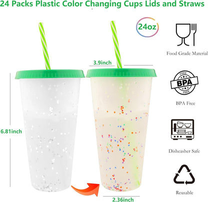 Color Changing Cups, 5 Pack 24oz Plastic Tumblers, Reusable Iced Coffee & Smoothie Cups with Lids and Straws for Parties and Travel