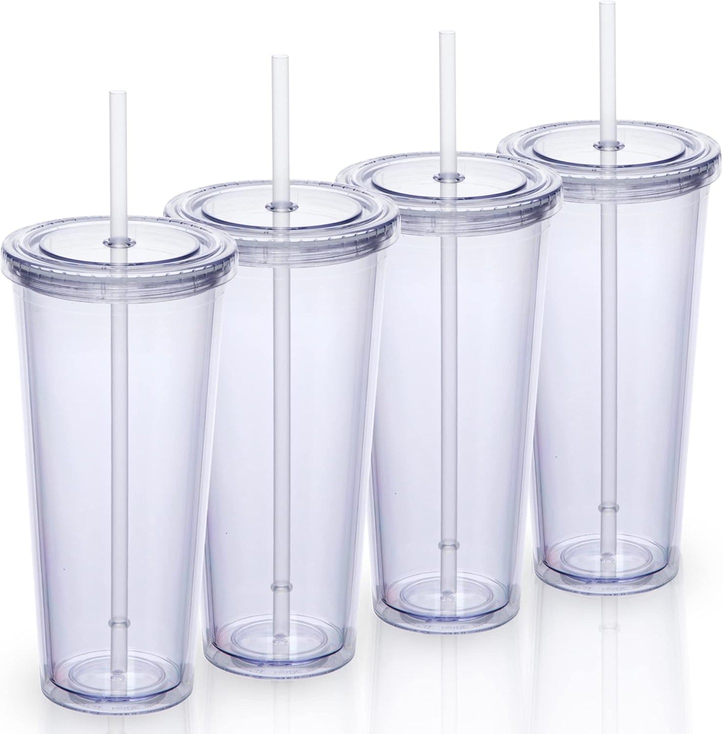 24oz Double Wall Plastic Tumblers with Lids and Straws | Large Classic Travel Tumbler | 4 Pack Set of 4 | Clear Reusable Cups with Straws | BPA Free