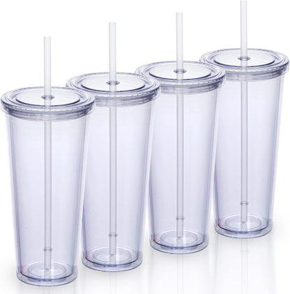24oz Double Wall Plastic Tumblers with Lids and Straws | Large Classic Travel Tumbler | 4 Pack Set of 4 | Clear Reusable Cups with Straws | BPA Free
