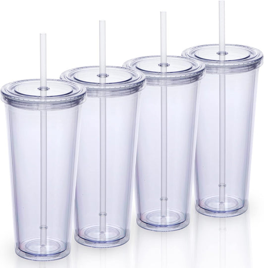 24oz Double Wall Plastic Tumblers with Lids and Straws | Large Classic Travel Tumbler | 4 Pack Set of 4 | Clear Reusable Cups with Straws | BPA Free