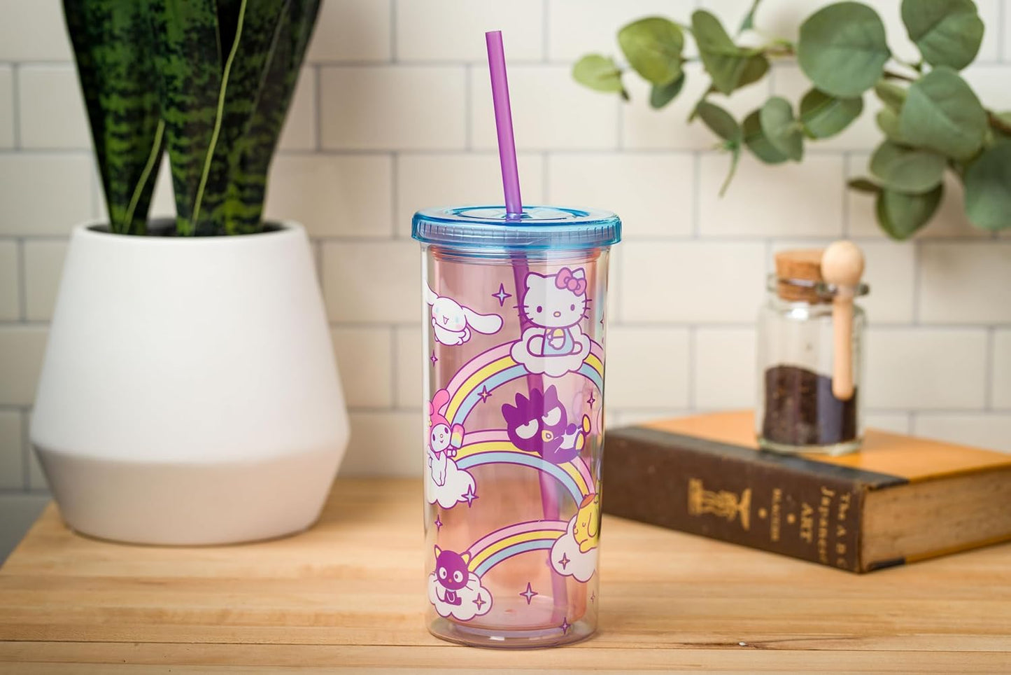 Silver Buffalo Sanrio Hello Kitty Milk Carton Pattern Plastic Boba Tumbler w Lid and Wide Straw, 24 Ounces