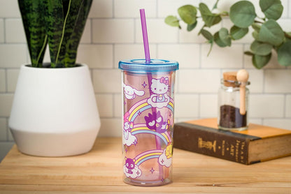 Silver Buffalo Sanrio Hello Kitty Milk Carton Pattern Plastic Boba Tumbler w Lid and Wide Straw, 24 Ounces