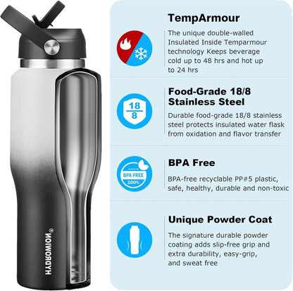 HYDROWION 32oz Stainless Steel Water Bottle(Cold for 48 Hrs, Hot for 24 Hrs),Double Wall Vacuum Insulated Water Bottle with Straw Lid, Spout Lid and Flex Cap, Fit in Any Car Cup Holder,Black