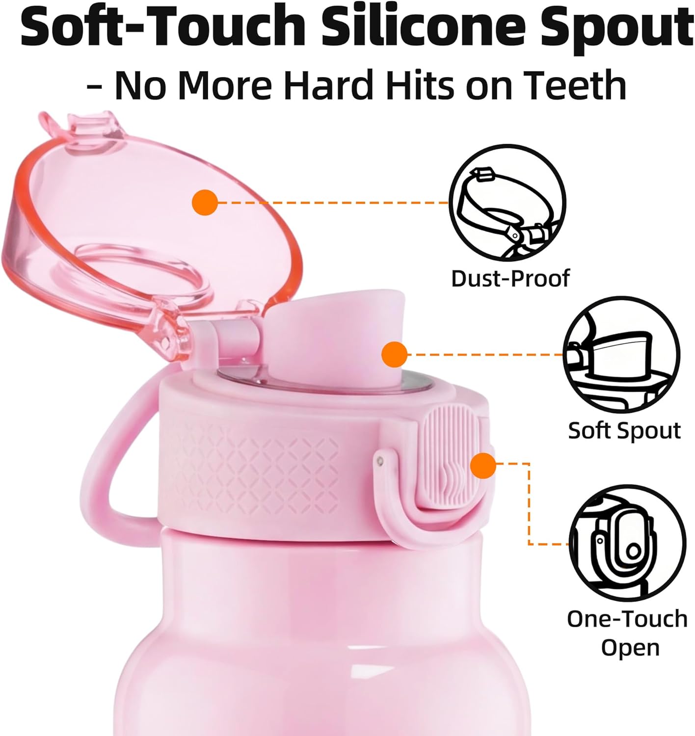 Fanhaw 24 oz Insulated Water Bottle with Soft Silicone Spout Lid, Leakproof Stainless Steel Vacuum Bottle for School, Sports& Daily Use, Kids, Teens& Adults, Back to School Essentials (Pink)