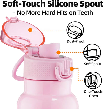 Fanhaw 24 oz Insulated Water Bottle with Soft Silicone Spout Lid, Leakproof Stainless Steel Vacuum Bottle for School, Sports& Daily Use, Kids, Teens& Adults, Back to School Essentials (Pink)