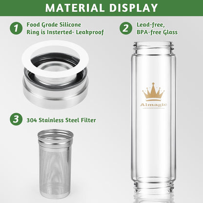 Tea Infuser Bottle for Loose Leaf Teas, 400 ml / 13.5 fl oz Double Wall Glass Tea Bottle with Infuser, Insulated Tea Tumbler with Infuser, Leak Proof Water Bottle with Protective Travel Sleeve