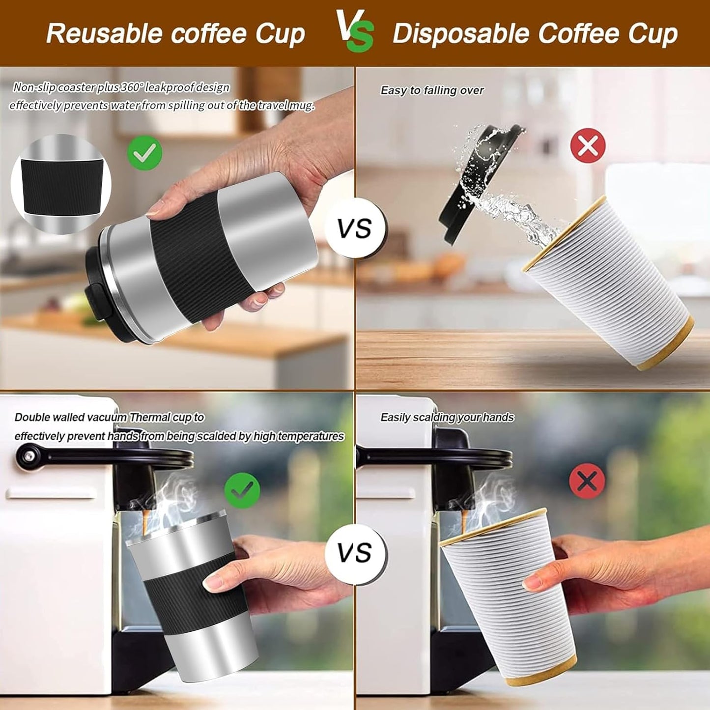 YINBAOGE Insulated Travel Coffee Mug, Spill & Leak Proof, Portable To Go Camping Stainless Steel Coffee Tumbler, Reusable Thermal Coffee Cup with Lid for Hot & Cold Drinks (Black, 12 OZ)