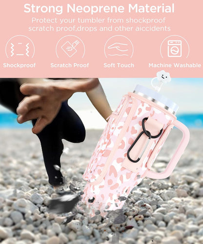 dabria Water Bottle Carrier Bag with Phone Pocket for Stanley 40/30 oz Tumbler Neoprene Water Bottle Holder Pouch with Adjustable Strap Bollus with Straw Cover for Stanley Cup Accessories