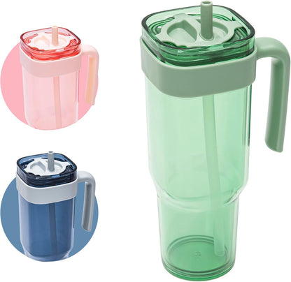 34oz Leakproof Straw Tumbler with Lid and Straw Double Wall Slim Coffee Cup Reusable BPA Free Plastic Travel Mug Integrated Handle Dishwasher Safe