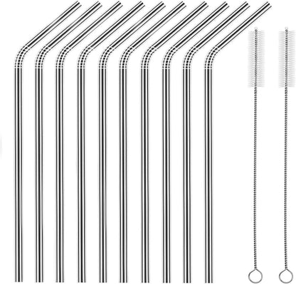 Set of 10 Stainless Steel Straws, HuaQi Straight Reusable Drinking Straws 10.5'' Long 0.24‘’ Dia for 30 oz Tumbler and 20 oz Tumbler, 2 Cleaning Brush Included (10 Straight Straw + 2 Brushes）