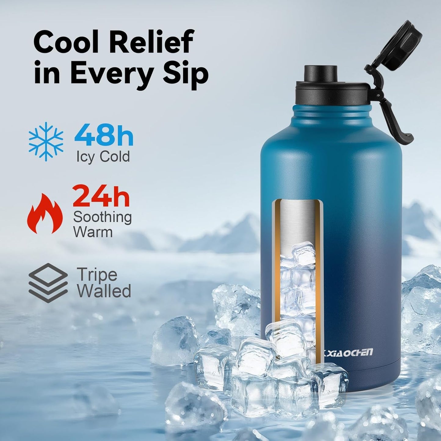 KXIAOCHEN Insulated Water Bottle With Strap, Cold For 48 Hrs Leak Proof, Triple Wall Stainless Steel Sports Water Bottle With Straw And Spout Lid For Gym Hiking Travel