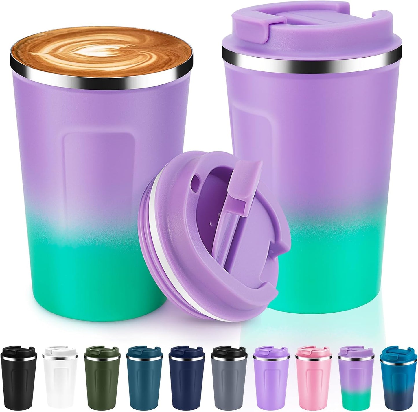 Volhoply 12 oz Double Wall Insulated Vacuum Travel Coffee Mugs with Flip Lid Bulk 2 Pack,Reusable Stainless Steel Leak Proof Coffee Cup,Portable Cafe Thermal Tumbler for Hot & Cold Drinks(Mix,2 Set)