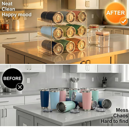 Stackable Water Bottle Organizer for Cabinet, Plastic Bottle Holder Designed for Starbucks Studded Tumblers up to 40oz, Plastic Cup Holder&Wine Rack for Pantry,Cupboard- 2 Layers Hold 6 Bottles