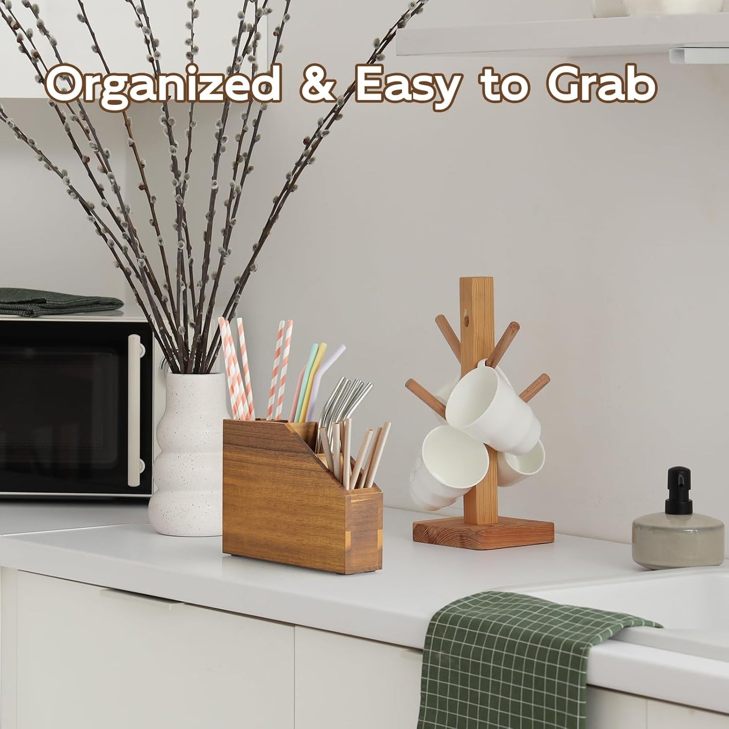 Straw Holder, Acacia Wood Straws Organizer, Cupboard Reusable Straws Dispenser for Kitchen Counter