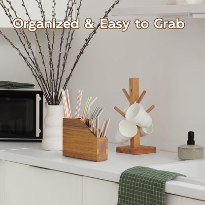 Straw Holder, Acacia Wood Straws Organizer, Cupboard Reusable Straws Dispenser for Kitchen Counter