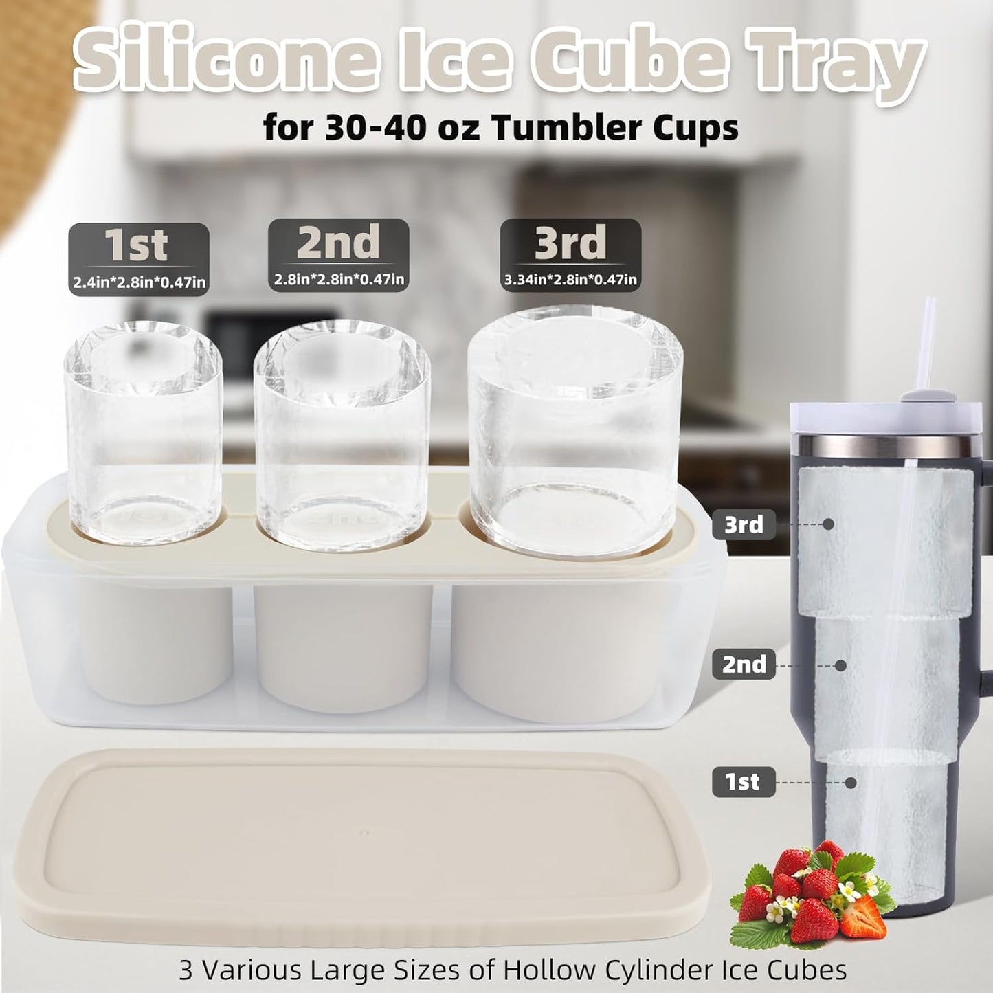 Tcamp Ice Mold for 30-40 oz Tumbler Cup, Silicone Ice Cube Tray With Lid and Bin for Freezer, Ice Ring Ice Maker for Chilling Cocktails, Whiskey, Drinks, Coffee, Easy Fill and Release (Black)