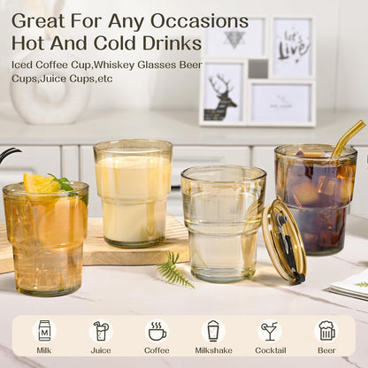 13oz Iced Coffee Cups,2Pcs Glass Cups with Lids and Straws Drinking Glasses,Clear Ribbed Glassware,Reusable Tumbler Glass to Go Cup for Matcha, Iced Tea,Juice