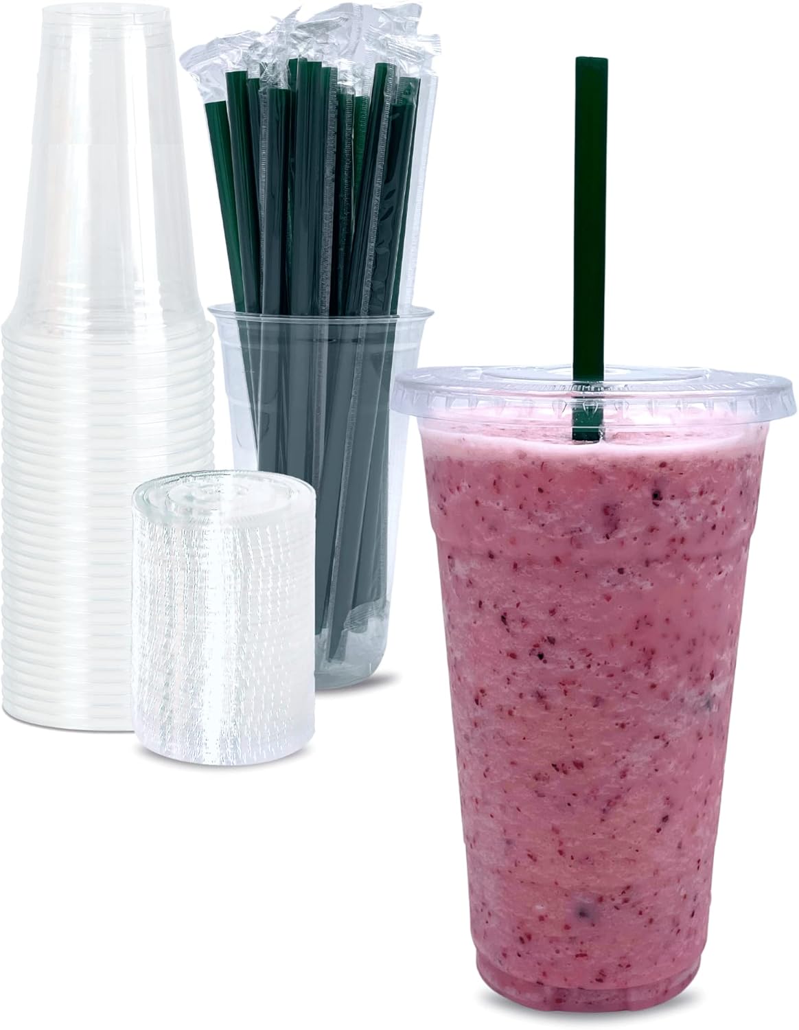 Cappatua 20 oz Clear Plastic Cups with Lids and STRAWS, Disposable Drinking Cups for Cold Drinks, Iced Coffee, Milkshakes, Smoothies, 25 Sets