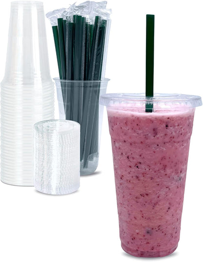 Cappatua 20 oz Clear Plastic Cups with Lids and STRAWS, Disposable Drinking Cups for Cold Drinks, Iced Coffee, Milkshakes, Smoothies, 25 Sets