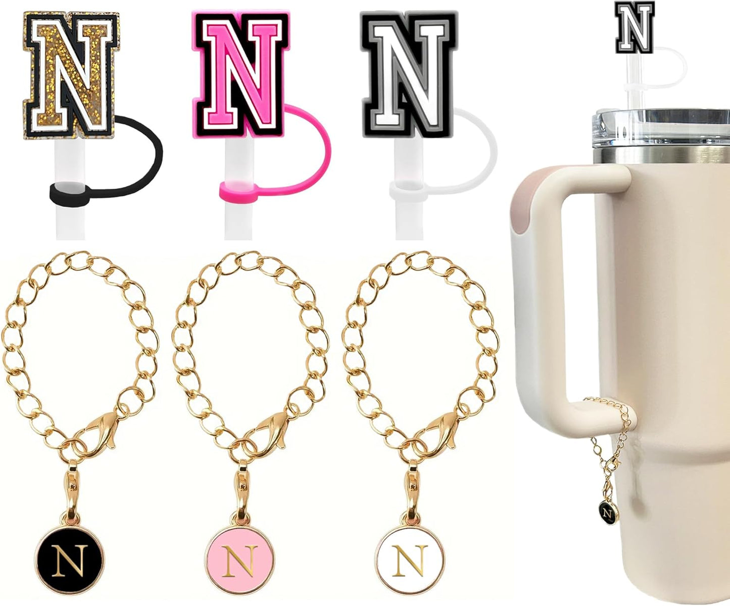 （3 +3) 3PCS Nuozme Straw Cover 10mm For Stanley Tumbler Cup Reusable Straw Cap Topper with 3 Initial Letter Charms Accessories Name ID Personalized Handle Charm For Stanley 30&40 Oz Cup Tumbler - Colors A