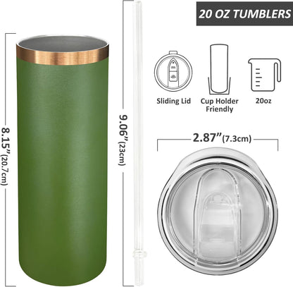20 oz Skinny Tumblers Bulk, Stainless Steel Insulated Tumbler with Lids and Straws, Slim Double Wall Powder Coated Travel Coffee Mugs Reusable Cup for Hot Cold Drinks (Black,1 pack)