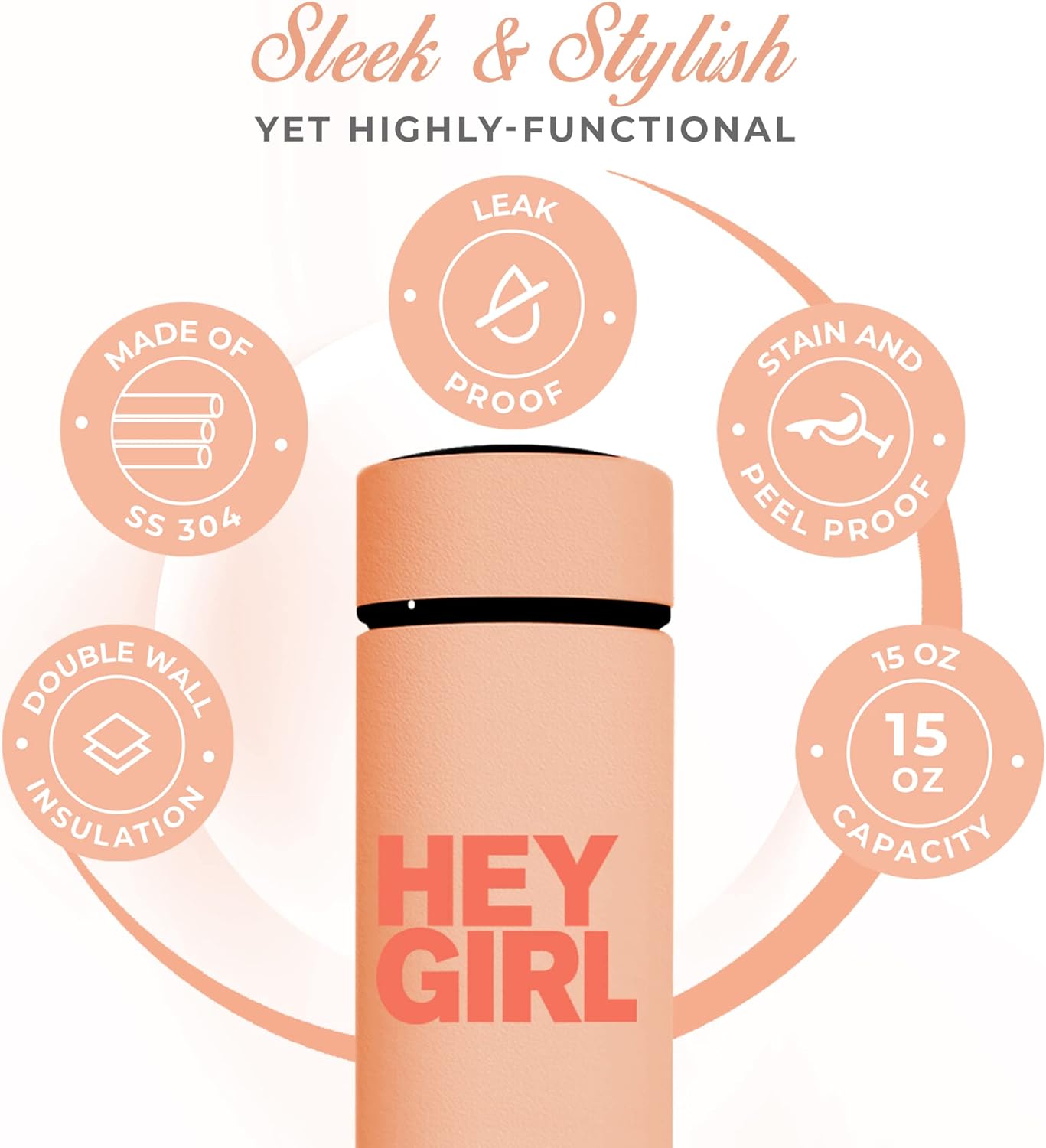 Hey Girl Tea Infuser Bottle 450ml - Insulated Stainless Steel Water Bottle - Tea Tumbler with Tea Diffuser - Portable Travel Mug for Loose Leaf Tea & Infused Water - Tea Lovers Gifts for Women (Pink)
