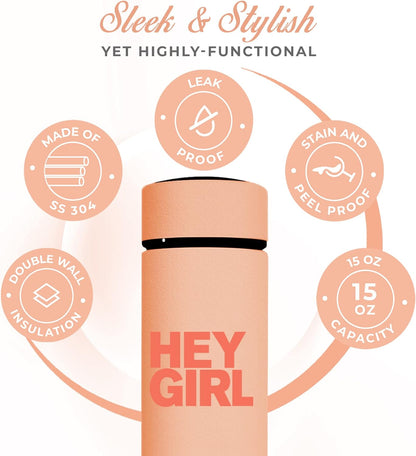 Hey Girl Tea Infuser Bottle 450ml - Insulated Stainless Steel Water Bottle - Tea Tumbler with Tea Diffuser - Portable Travel Mug for Loose Leaf Tea & Infused Water - Tea Lovers Gifts for Women (Pink)
