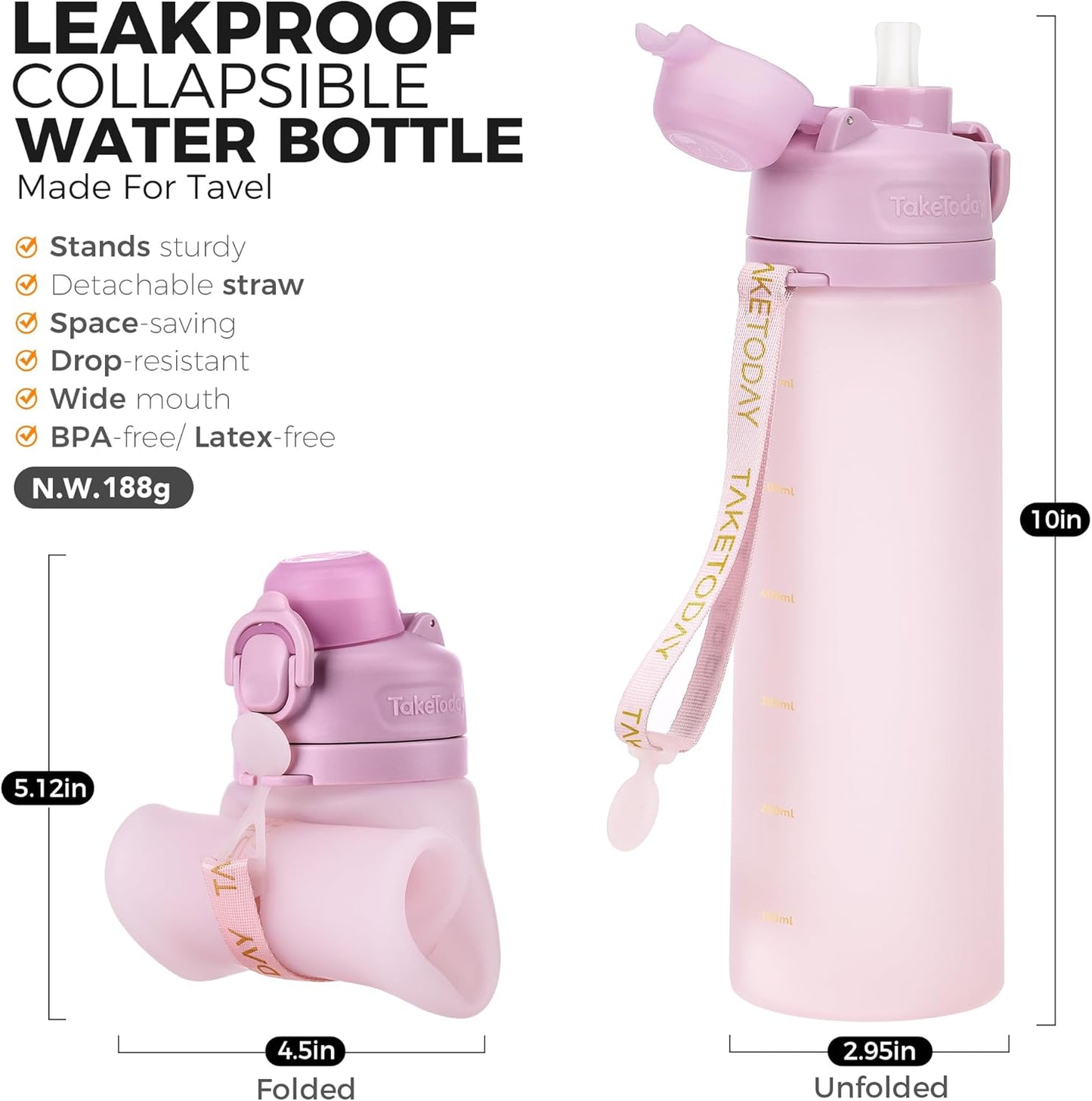TakeToday Collapsible Water Bottles 21oz (600mL), Foldable Platinum Silicone Travel Water Bottle with Straw & Carry Strap, Leak-Resistant Screw Lid, Wide Mouth, BPA-Free for Hiking, Camping, Travel